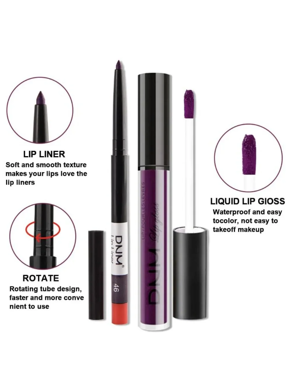 DNM 46# Dark Purple 2Pcs 24H Long-Lasting Matte Liquid Lipstick and Lip Liner
